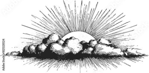 Sunrise with clouds sketch, hand drawn sun rays in vintage style. Vector illustration