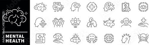 Mental health vector icons.Thin line icons related to mental health and wellness. Mental health vector icons in line style