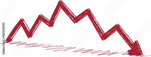 Decline graph sketch, hand drawn red zigzag arrow trending downward. Vector illustration