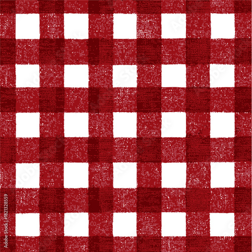 Red checkered pattern hand drawn sketch seamless gingham textile background. Vector illustration