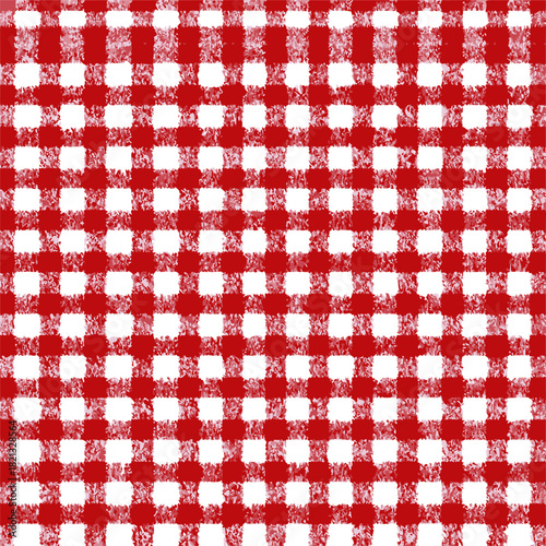 Red and white checkered pattern, sketch hand drawn gingham seamless background. Vector illustration