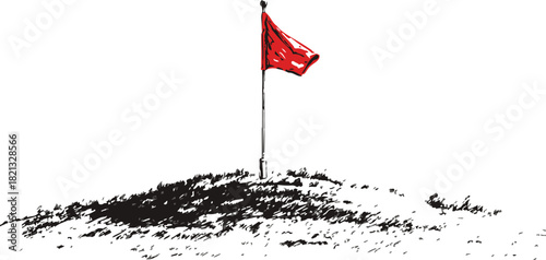 Red flag on grassy hilltop, sketch hand drawn style, minimal landscape scene. Vector illustration