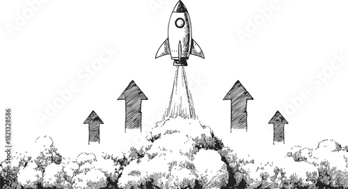 Rocket launch sketch with smoke clouds and upward arrows, hand drawn style. Vector illustration