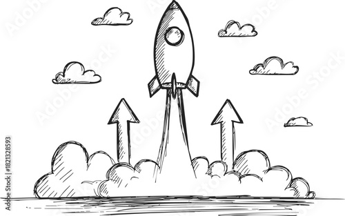 Rocket sketch hand drawn launching with smoke clouds and upward arrows. Vector illustration