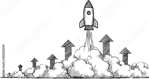Rocket launch sketch with upward arrows and smoke clouds. Vector illustration