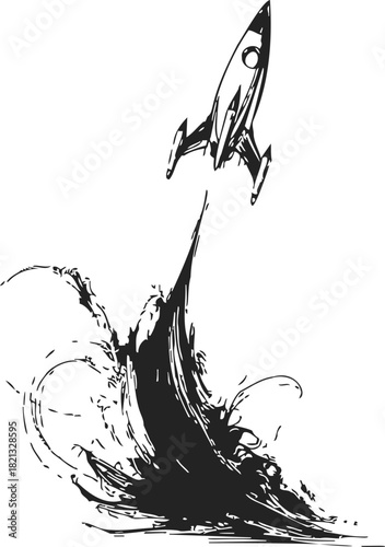 Rocket sketch hand drawn blasting off with dynamic smoke trail. Vector illustration