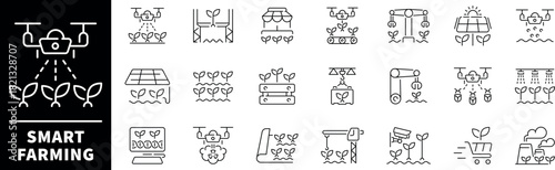 Smart farm vector icons.Thin line icons related to farming and planting. Farming vector icons in line style.