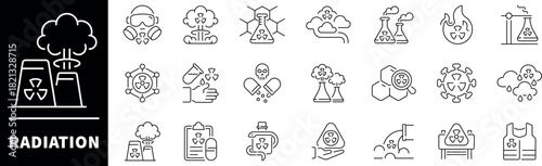 Radiation vector icons.Thin line icons related to radiation and radioactive. Radiation vector icons in line style.