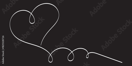 Single pink heart continuous wavy line art drawing on Black background. Happy Valentine's day header or banner or letter template. Vector illustration. Love doodle brush icon, romantic love. EPS 10.