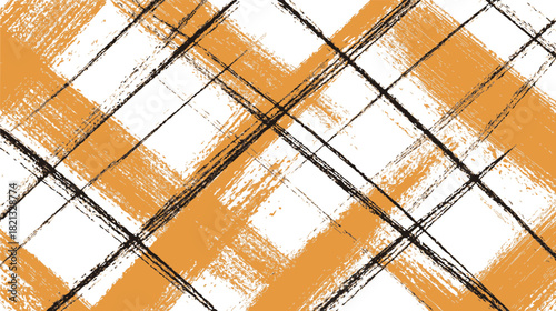 Plaid pattern sketch hand drawn with orange and black diagonal brush strokes. Vector illustration