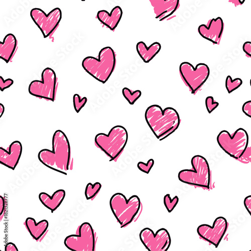 Pink hearts seamless pattern, sketch hand drawn, playful romantic doodle on white background. Vector illustration