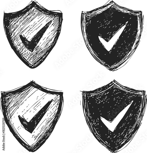 Shield icons hand drawn sketch with check mark symbol, security protection concept. Vector illustration