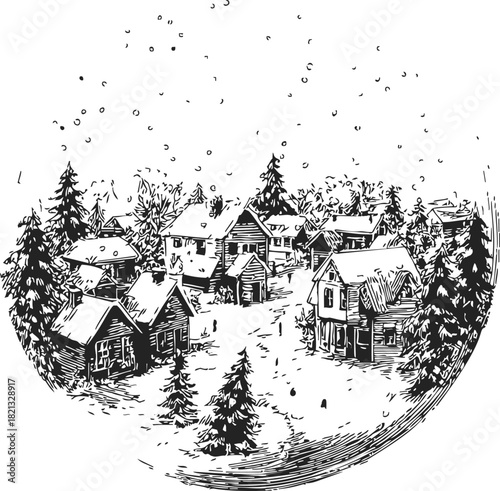 Winter village sketch, hand drawn snowy houses and pine trees in falling snow. Vector illustration