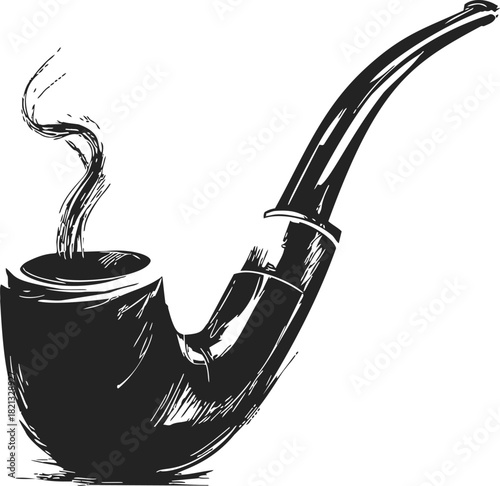 Smoking pipe sketch hand drawn with swirling smoke, classic curved shape. Vector illustration