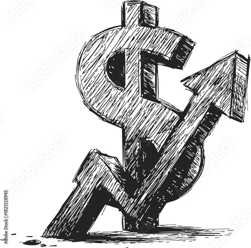 Dollar sign sketch with upward arrow, hand drawn style, symbolizing financial growth. Vector illustration