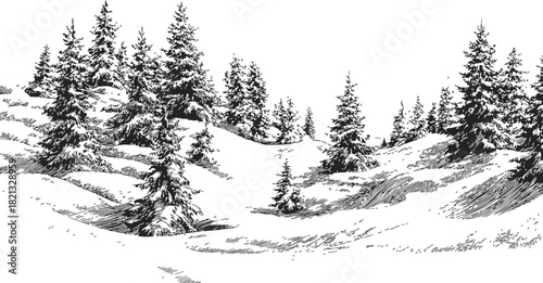 Snow covered pine trees sketch, hand drawn winter forest landscape with snowy hills. Vector illustration