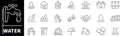 Water related thin line icons collection. Water vector icons. Water thin line icons collection. Water, Mineral Water, Water Bottle, drink, water drop related icons