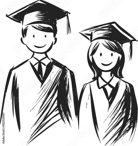 Graduation students sketch hand drawn style, male and female in academic caps and gowns. Vector illustration