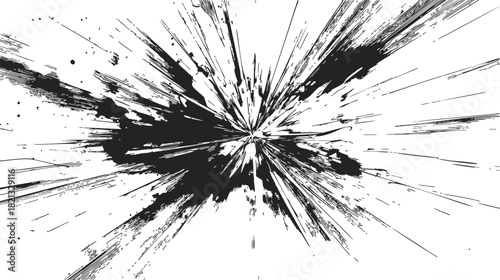Black ink splatter sketch, hand drawn dynamic explosion with scattered drops and radial streaks. Vector illustration