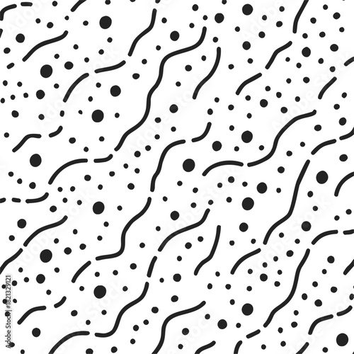 Black and white abstract pattern, sketch hand drawn wavy lines and dots. Vector illustration