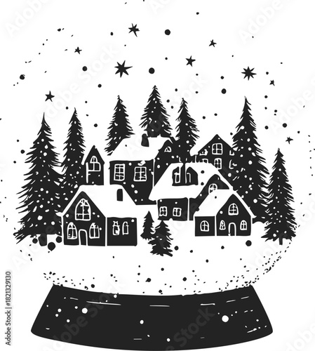 Snow globe sketch, hand drawn winter village scene with pine trees and falling snow. Vector illustration