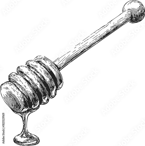 Honey dipper sketch hand drawn with honey dripping from grooves. Vector illustration