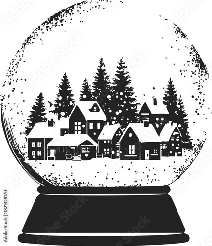 Snow globe sketch, hand drawn winter village scene with pine trees and falling snow. Vector illustration