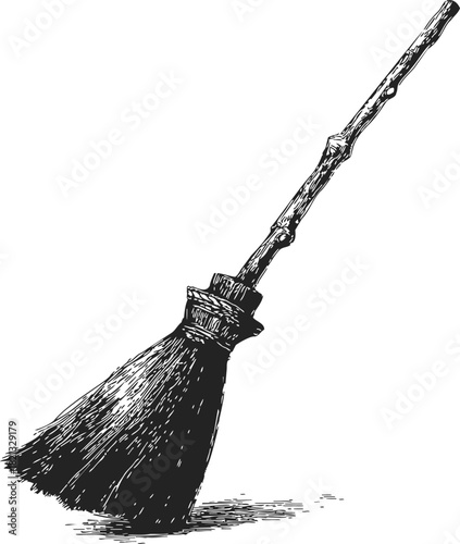 Witch broom sketch, hand drawn rustic broomstick with rough wooden handle. Vector illustration