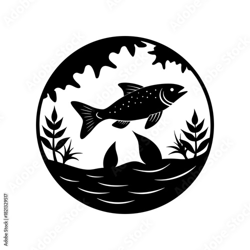 Silhouette of a leaping fish in a circular water scene with aquatic plants and waves