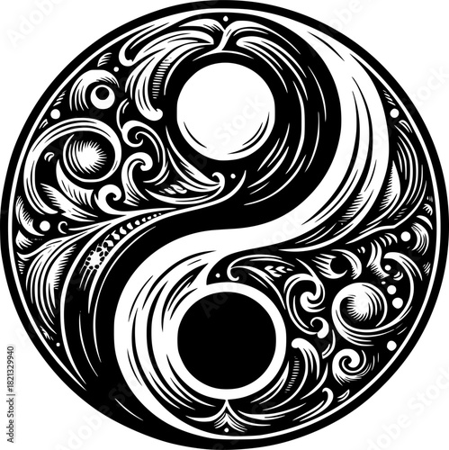 Harmony in Contrast: A meticulously crafted yin and yang symbol, rendered in elegant detail, embodying balance and harmony within a design. The artwork creates visual intrigue.