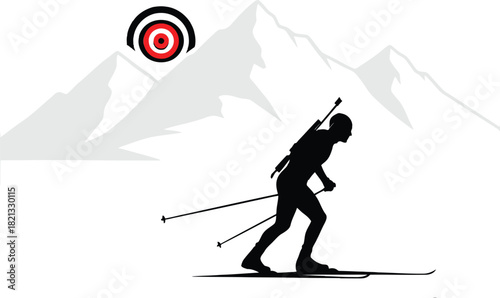Biathlon athlete silhouette with mountains and target for sports and recreation