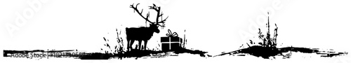 Hand drawn vector landscape banner featuring a standing reindeer next to a gift box in black silhouette grunge doodle style