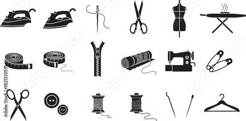 Silhouettes of various sewing and tailoring equipment in vector format