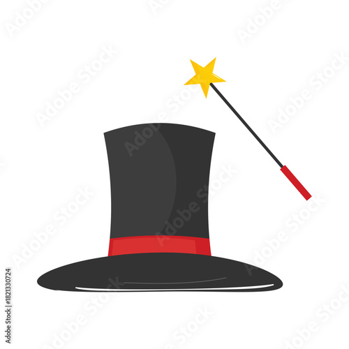 Magician’s black hat with wand, vector, red stripe, yellow star tip, circus cartoon style, magic show prop