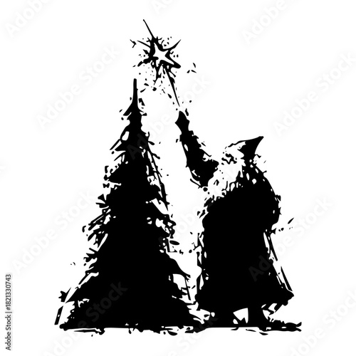Magical character placing star on christmas tree top silhouette grunge black ink vector illustration