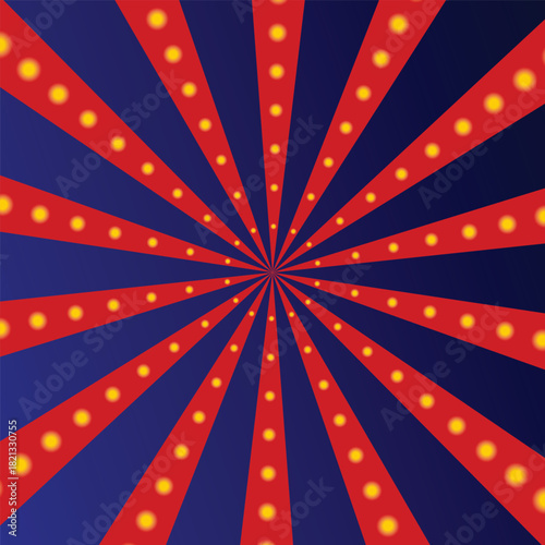 Red and blue circus light rays, glowing yellow bulbs, spinning vector background, festival circus celebration art