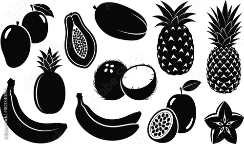 Tropical fruit silhouettes a collection of exotic fruits in black and white