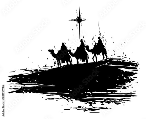Hand drawn vector illustration of three wise men riding camels following the star of bethlehem in black silhouette grunge doodle style