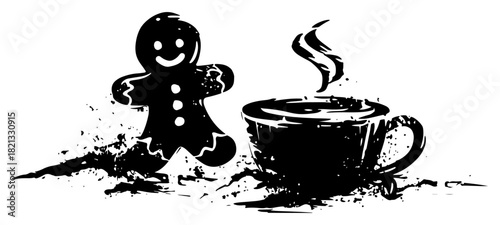 Gingerbread man cookie next to steaming hot cup of coffee or cocoa vector illustration sketch style