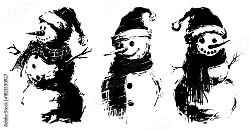 Three happy snowmen characters wearing hats and scarves row grunge black ink vector illustration