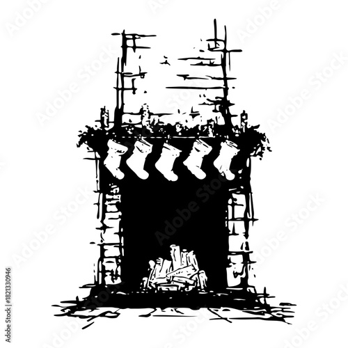 Cozy christmas fireplace with hanging stockings and firewood logs grunge black ink vector illustration