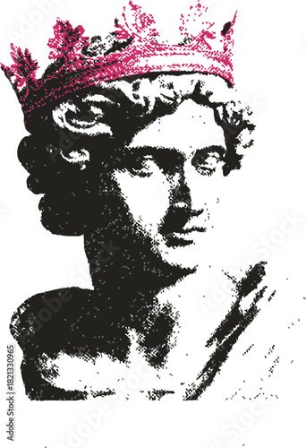 Classical sculpture bust with curly hair wearing pink crown, sketch hand drawn style. Vector illustration