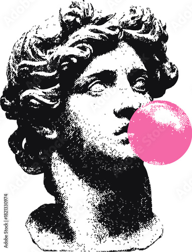 Classical sculpture bust sketch with curly hair blowing pink bubble gum. Vector illustration