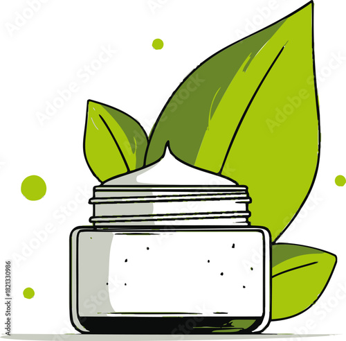Face cream jar sketch with green leaves, hand drawn organic skincare concept. Vector illustration