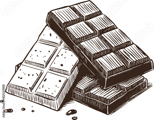 Chocolate bar sketch hand drawn style stacked pieces with crumbs. Vector illustration