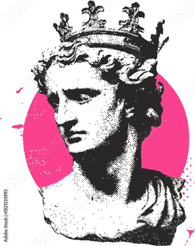 King bust sketch hand drawn with crown, classical statue style, pink circle background. Vector illustration