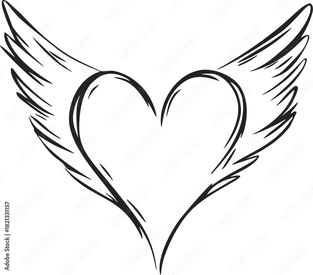 Obraz premium Heart with wings sketch, hand drawn vector, symmetrical feathered wings, minimal black line art. Vector illustration