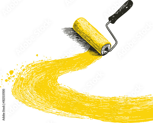 Paint roller sketch hand drawn with yellow paint stroke on white background. Vector illustration