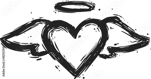 Heart with wings and halo, sketch hand drawn style, black ink doodle. Vector illustration