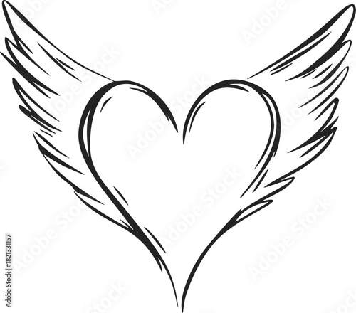 Heart with wings sketch, hand drawn vector, symmetrical feathered wings, minimal black line art. Vector illustration
